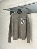 Gray knit sweater with LV monogram patch, crew neck long sleeves