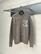 Gray knit sweater with LV monogram patch, crew neck long sleeves