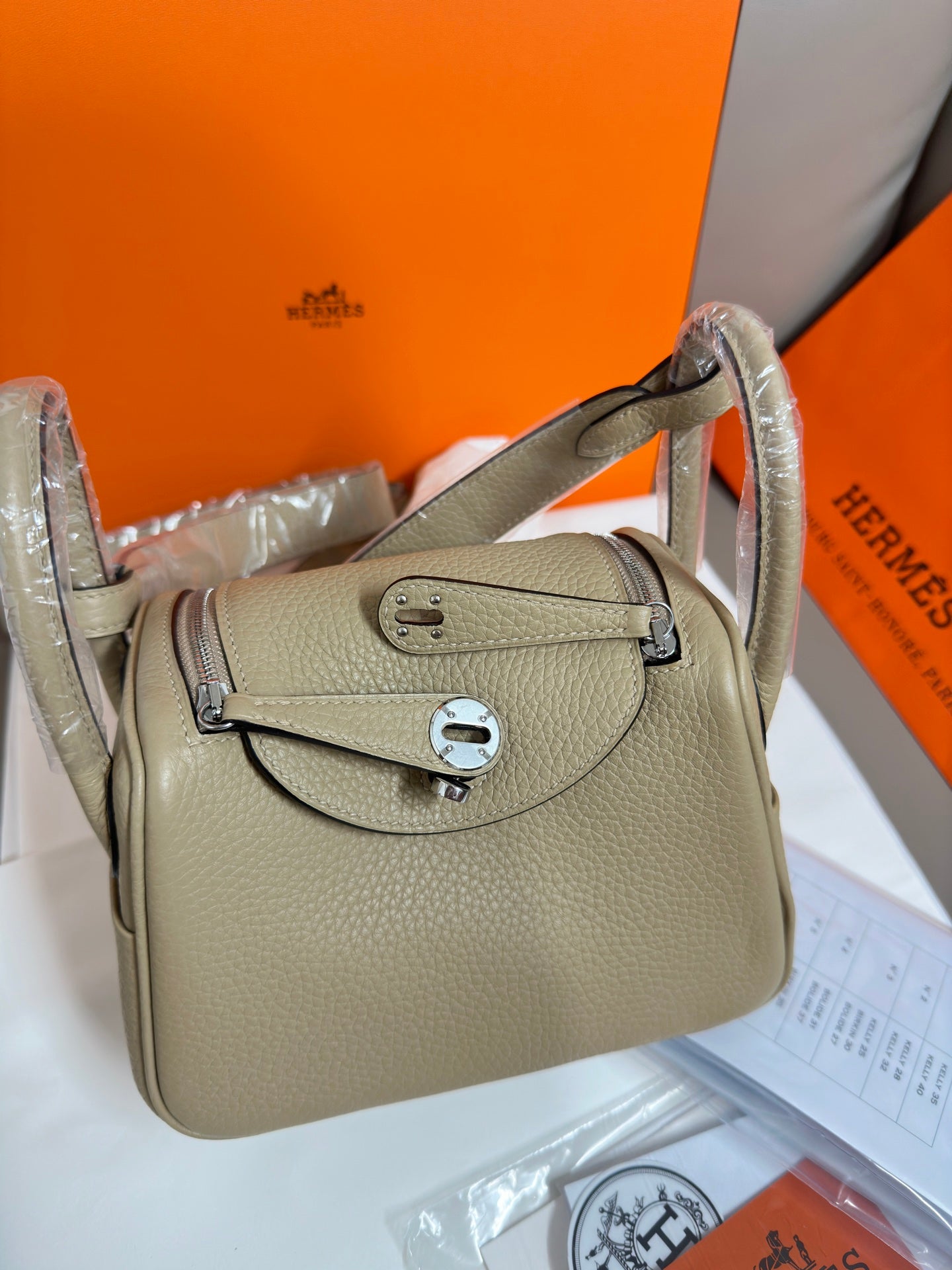 Taupe leather mini handbag with front flap, silver hardware, and top handle