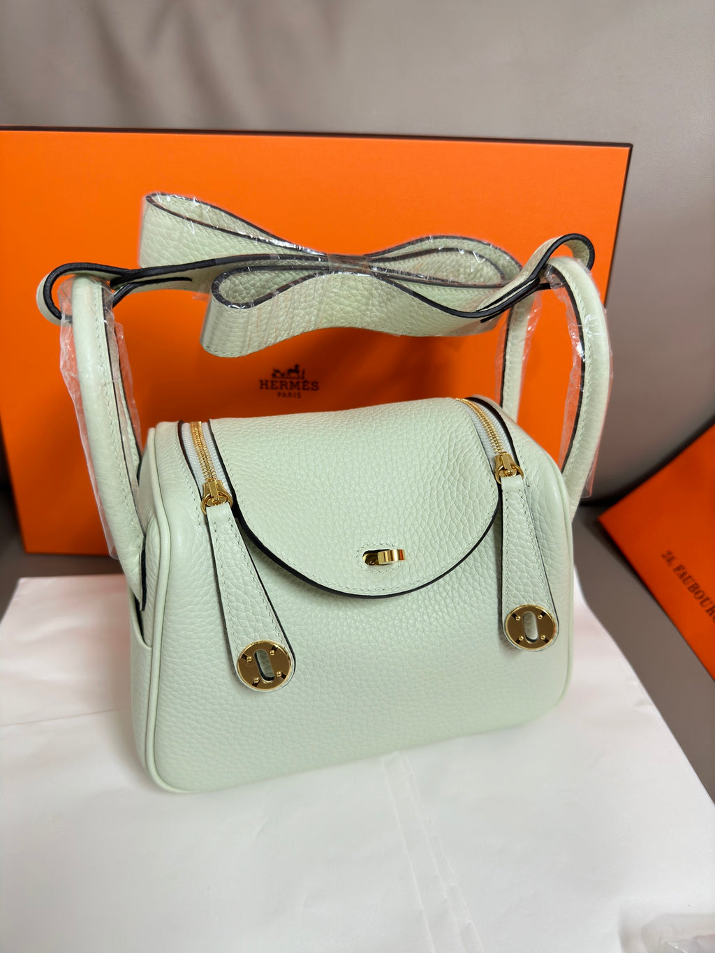 Hermes mint leather handbag with crossbody strap and front flap