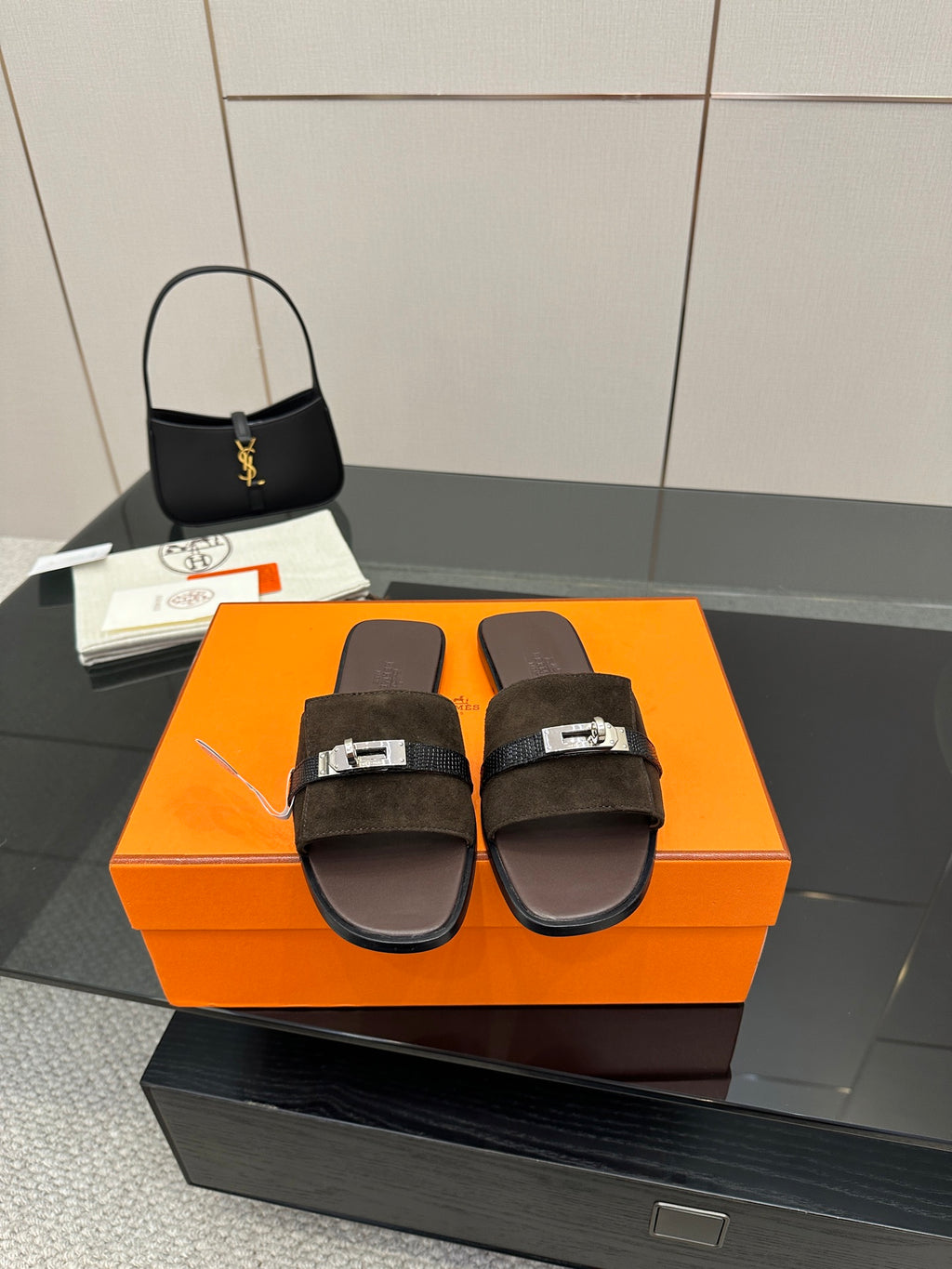 Ladies’ suede slide sandals in dark brown with silver buckle double strap