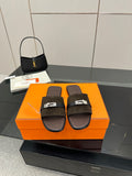 Ladies’ suede slide sandals in dark brown with silver buckle double strap