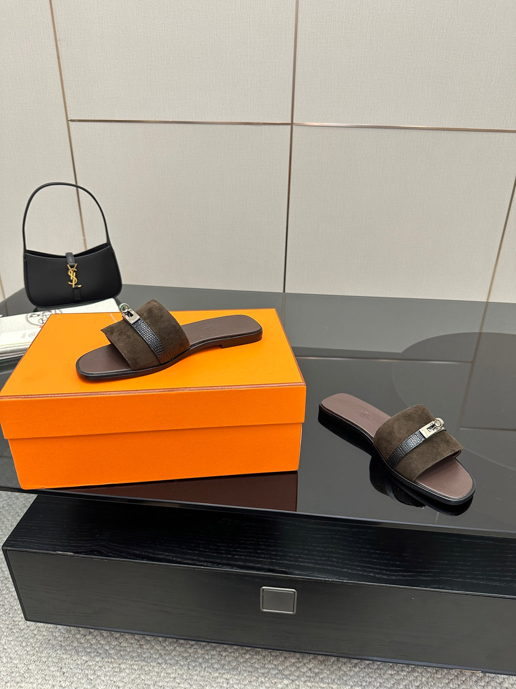 Ladies’ suede slide sandals, dark brown with silver buckle strap and flat sole