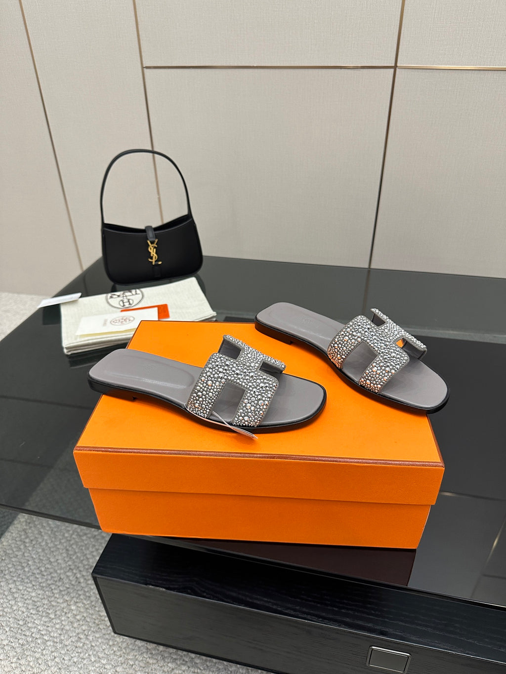 Women's rhinestone slide sandals, gray uppers with crystal buckle strap and open toe
