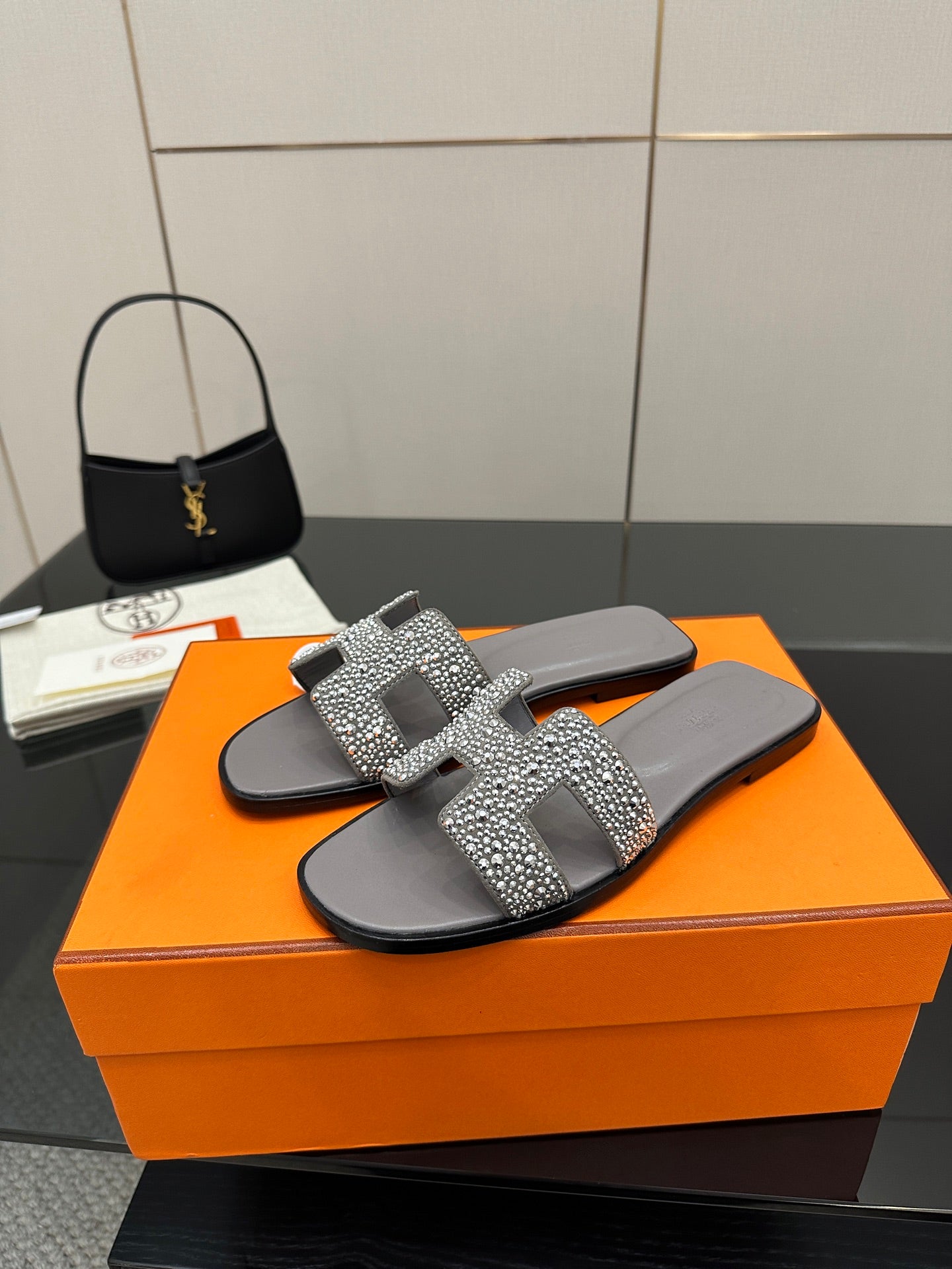 Women's rhinestone slide sandals, gray slide with crystal H buckle on a wide strap