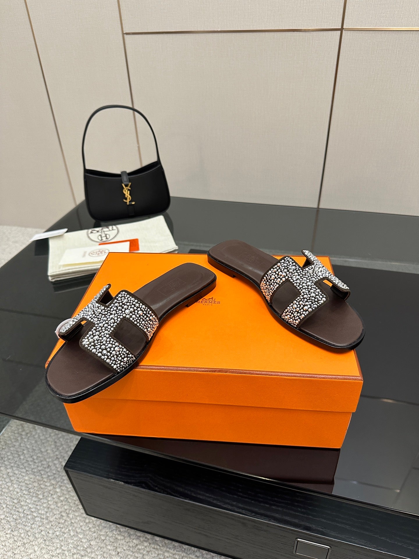 Hermes ladies slide sandals, black and silver rhinestone strap across the foot