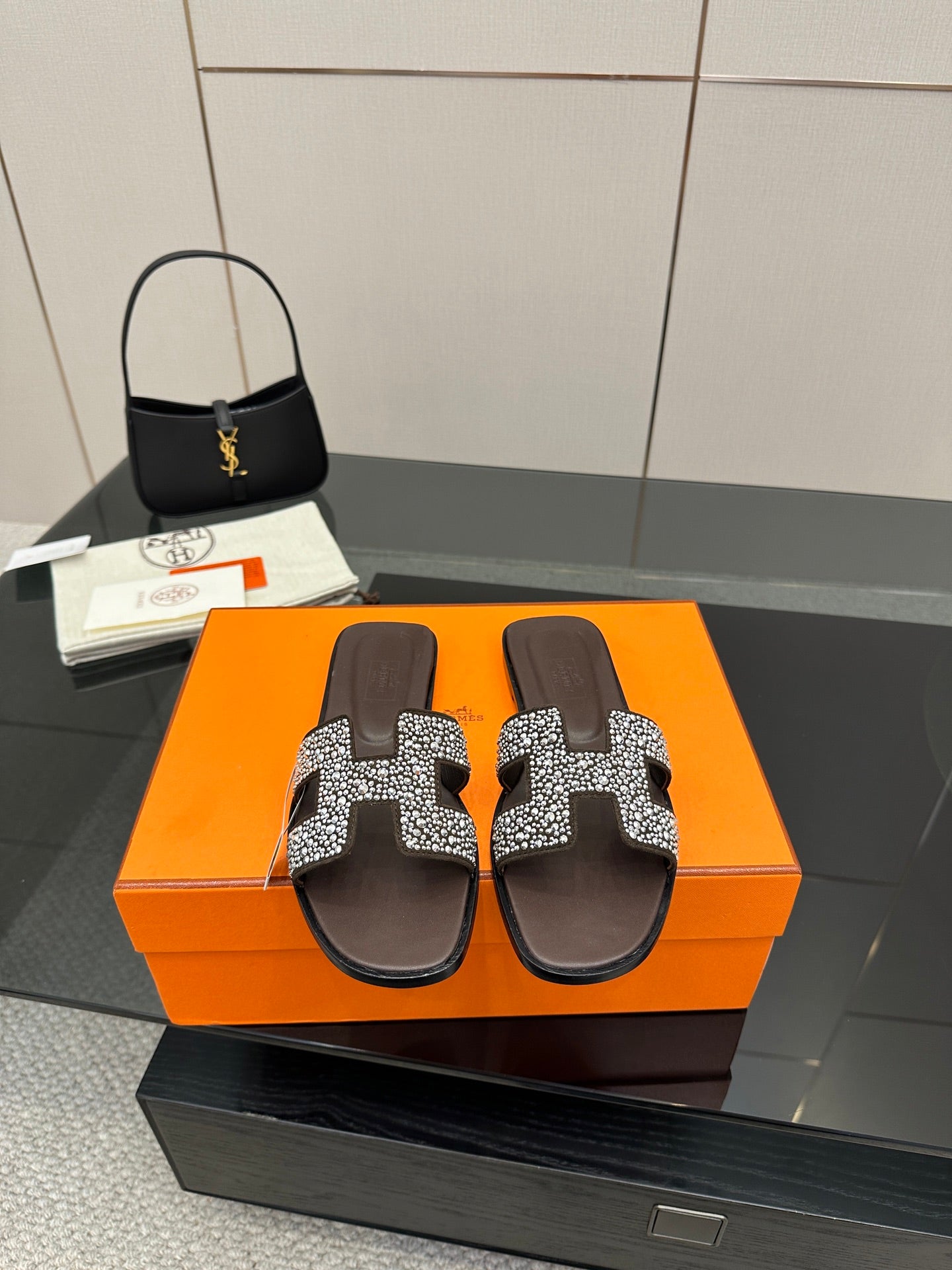 Hermes ladies slide sandals, black with silver rhinestone H buckle on top
