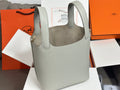 Hermes pale gray textured leather tote bag with two top handles