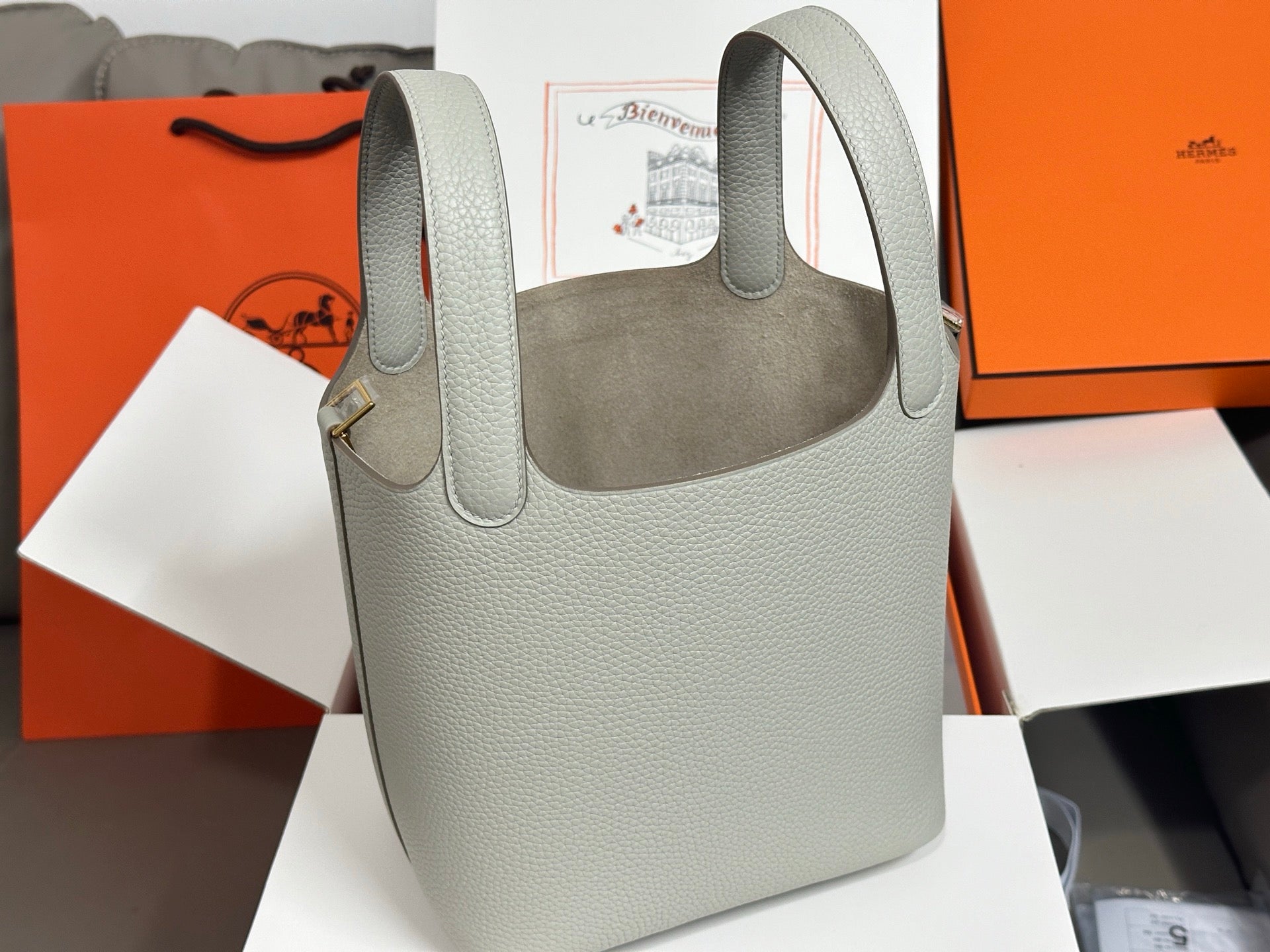 Hermes pale gray textured leather tote bag with two top handles