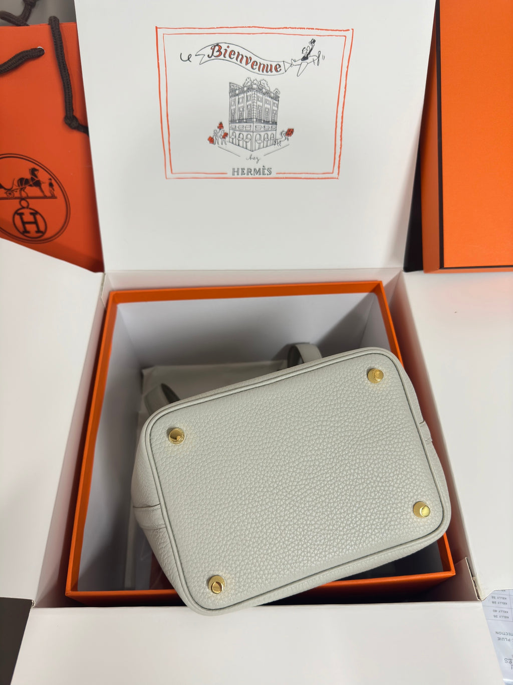 Hermes pale gray mini handbag with gold-tone hardware, in presentation box