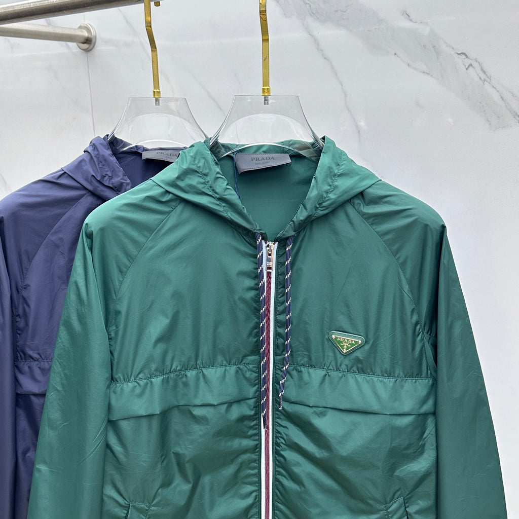Prada Re-Nylon hooded jacket, dark green with front zip and triangular logo patch
