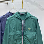 Prada Re-Nylon hooded jacket, dark green with front zip and triangular logo patch