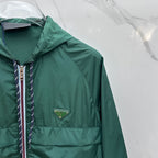 Prada Re-Nylon hooded jacket, dark green side view with triangular logo patch