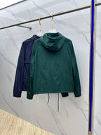 Prada Re-Nylon hooded jacket on hanger, dark green with hood and full zip