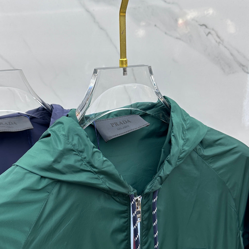 Prada Re-Nylon hooded jacket, dark green with inner collar and front zip detail