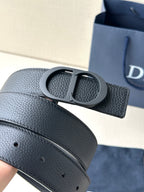 Black textured leather Dior belt with CD buckle and stitched edge