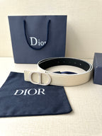 Beige leather belt with Dior buckle and textured strap, front view
