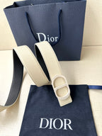 Beige leather belt with double-ring buckle detail and embossed Dior logo