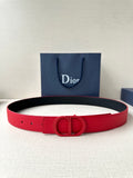 Red leather Dior belt with adjustable holes and round D buckle