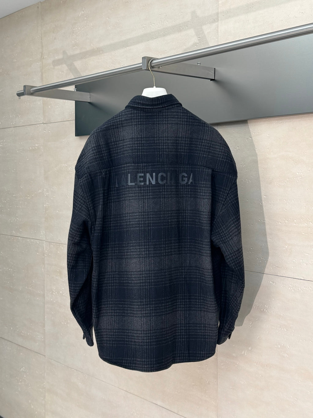 Balenciaga long-sleeve plaid shirt, navy, back logo print, button front