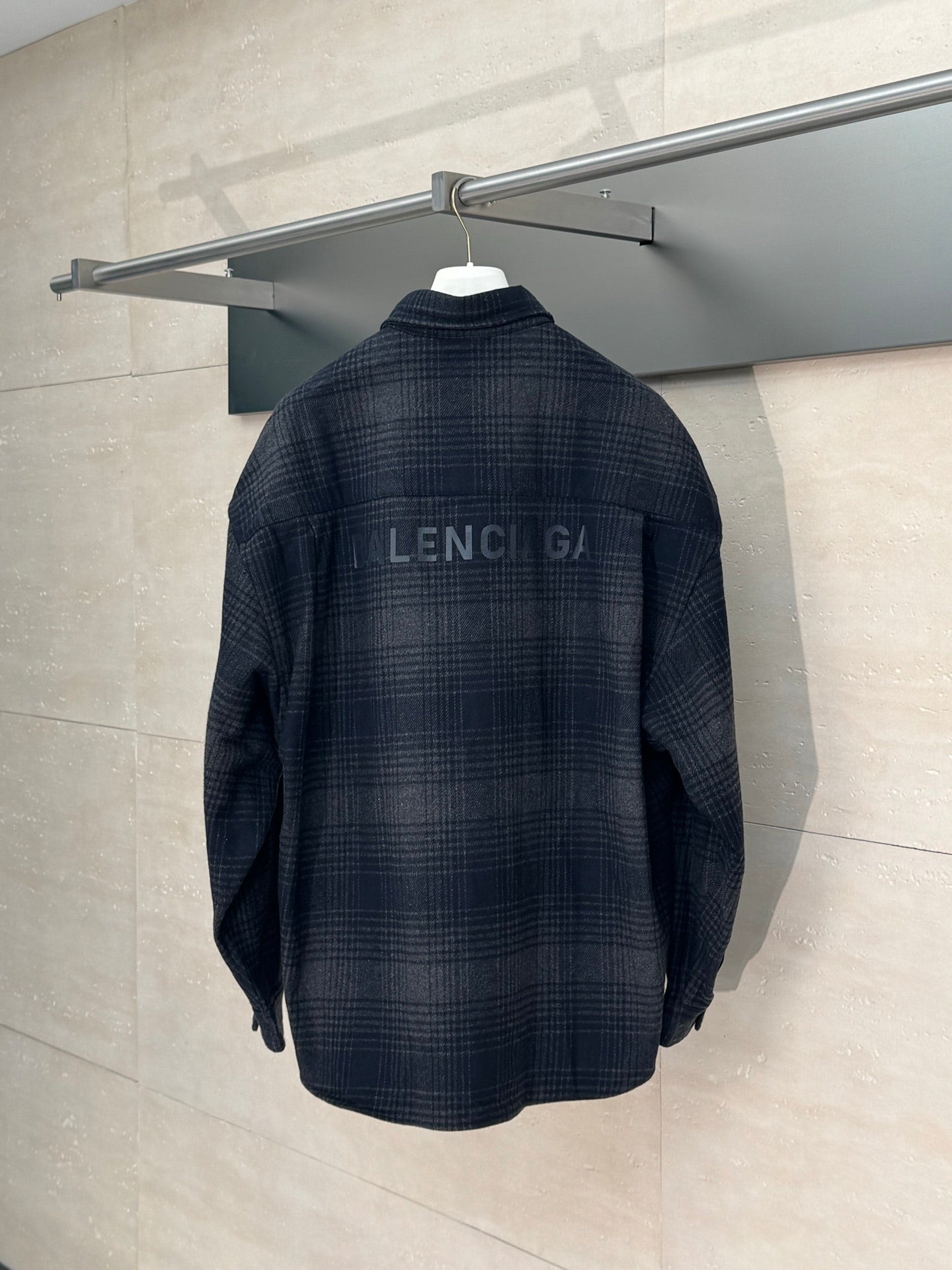Balenciaga long-sleeve plaid shirt, navy, back logo print, button front