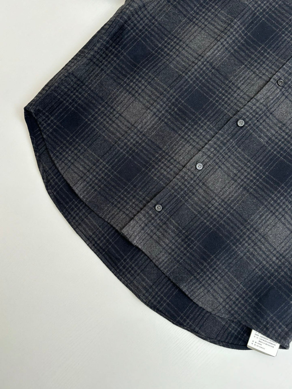 Balenciaga plaid button-up shirt, navy check, curved hem and buttons