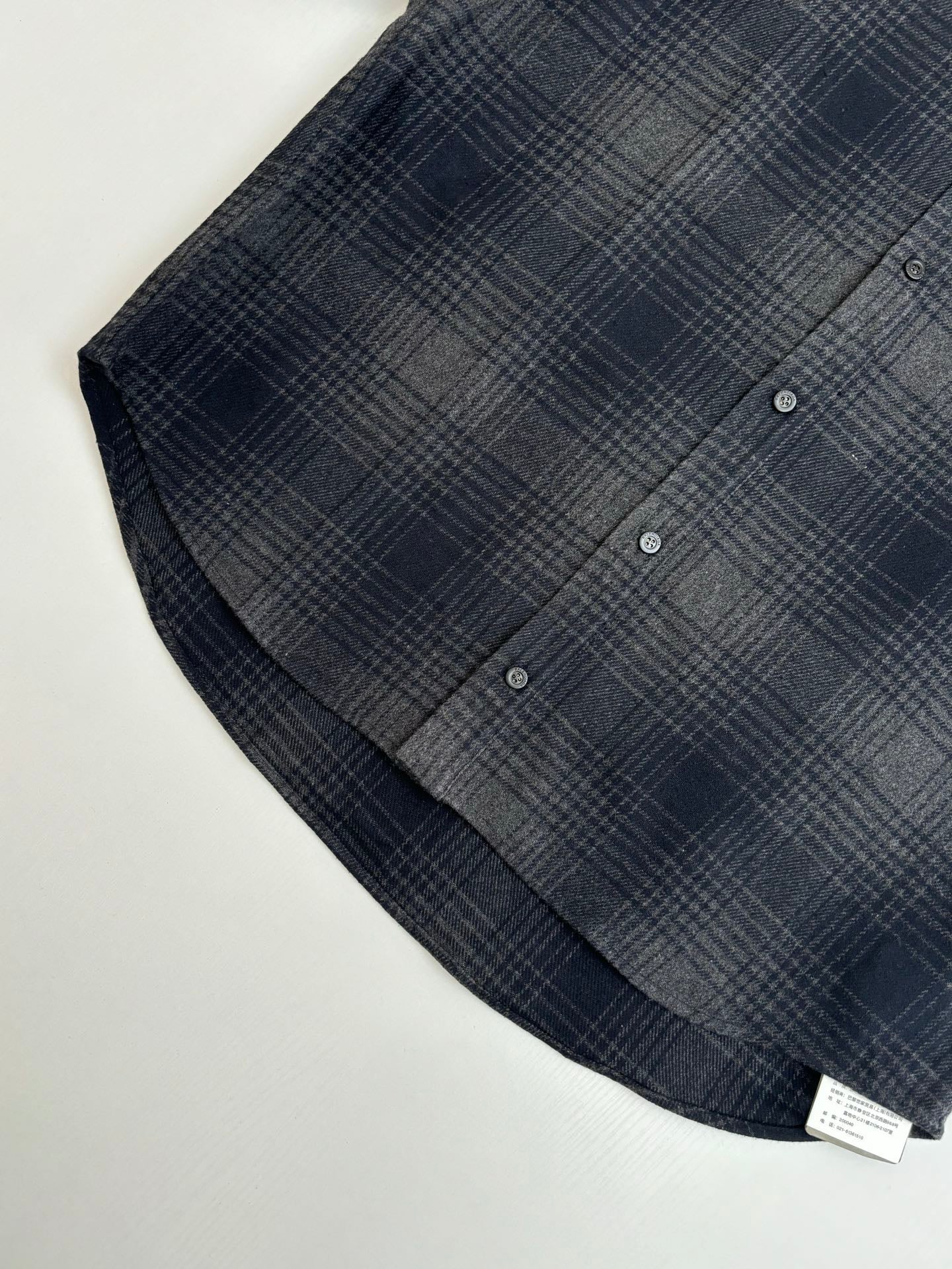 Balenciaga plaid button-up shirt, navy check, curved hem and buttons