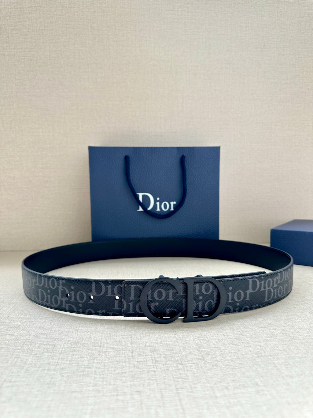 Dior logo belt in dark blue, wide strap with signature buckle and monogram pattern