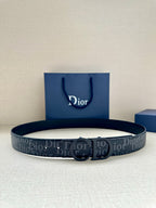 Dior logo belt in dark blue, wide strap with signature buckle and monogram pattern