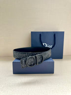 Navy Dior monogram belt with square silver buckle and embossed logo print