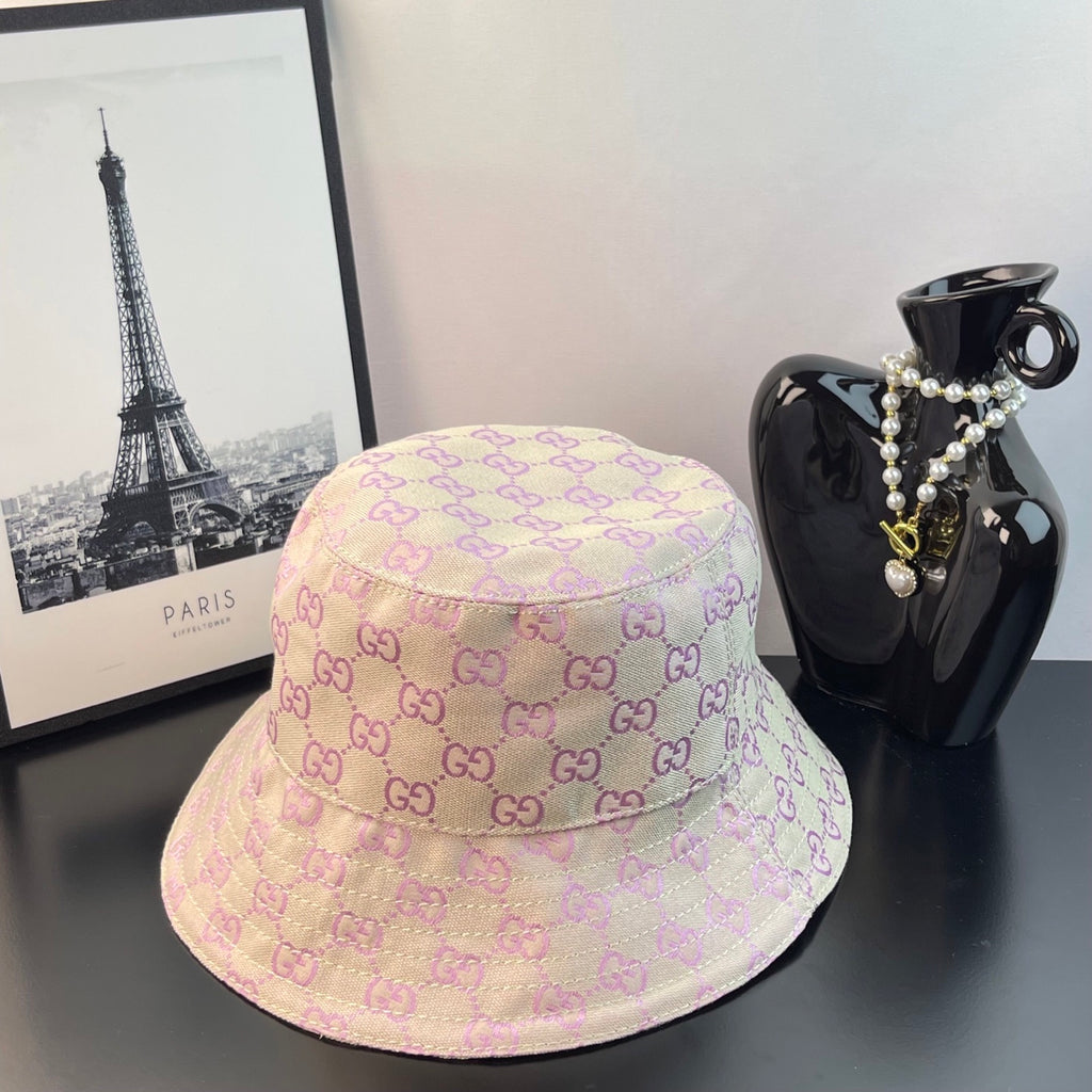 Pink Gucci GG monogram bucket hat with stitched brim and side panel