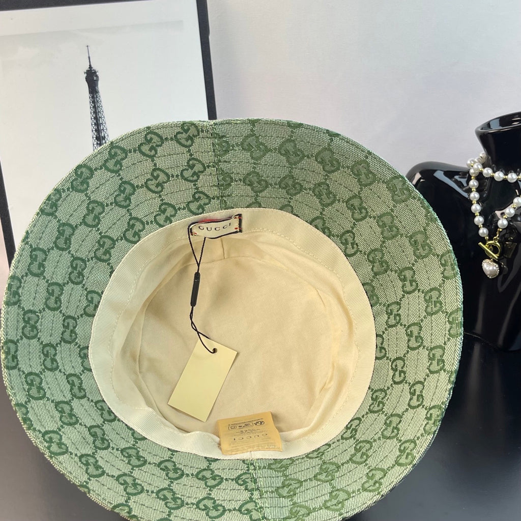 Gucci GG monogram bucket hat inside view, light green outer fabric with liner