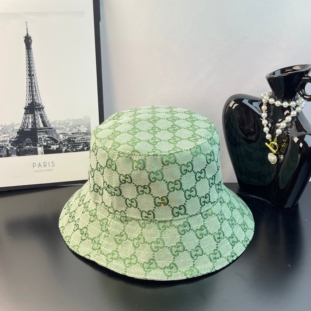 Gucci GG monogram bucket hat in light green with all-over patterned fabric