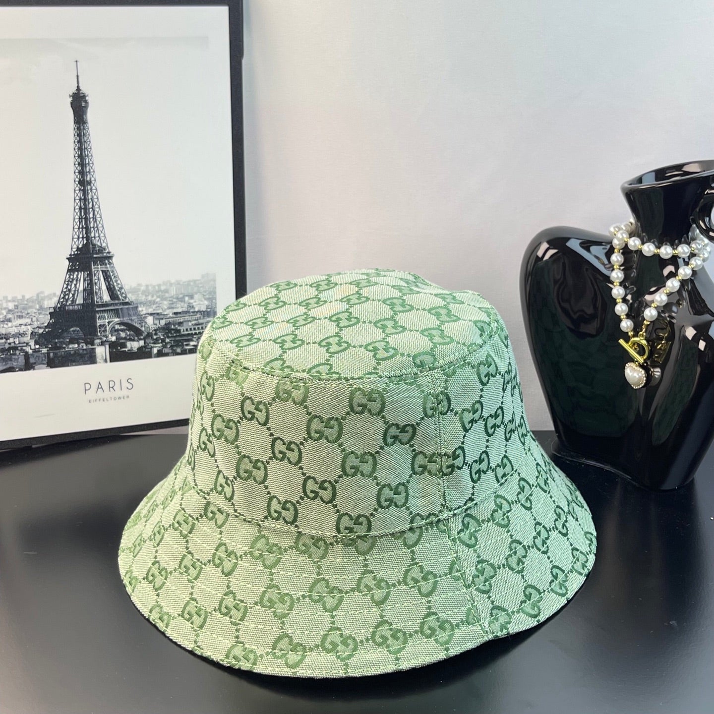 Gucci GG monogram bucket hat, light green with wide brim and patterned exterior