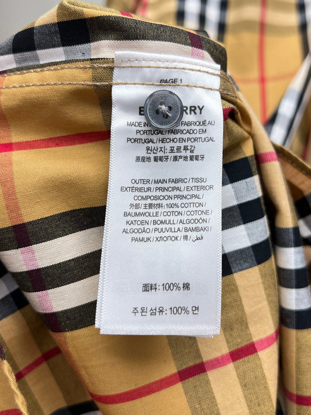 Burberry plaid long shirt neck and care label