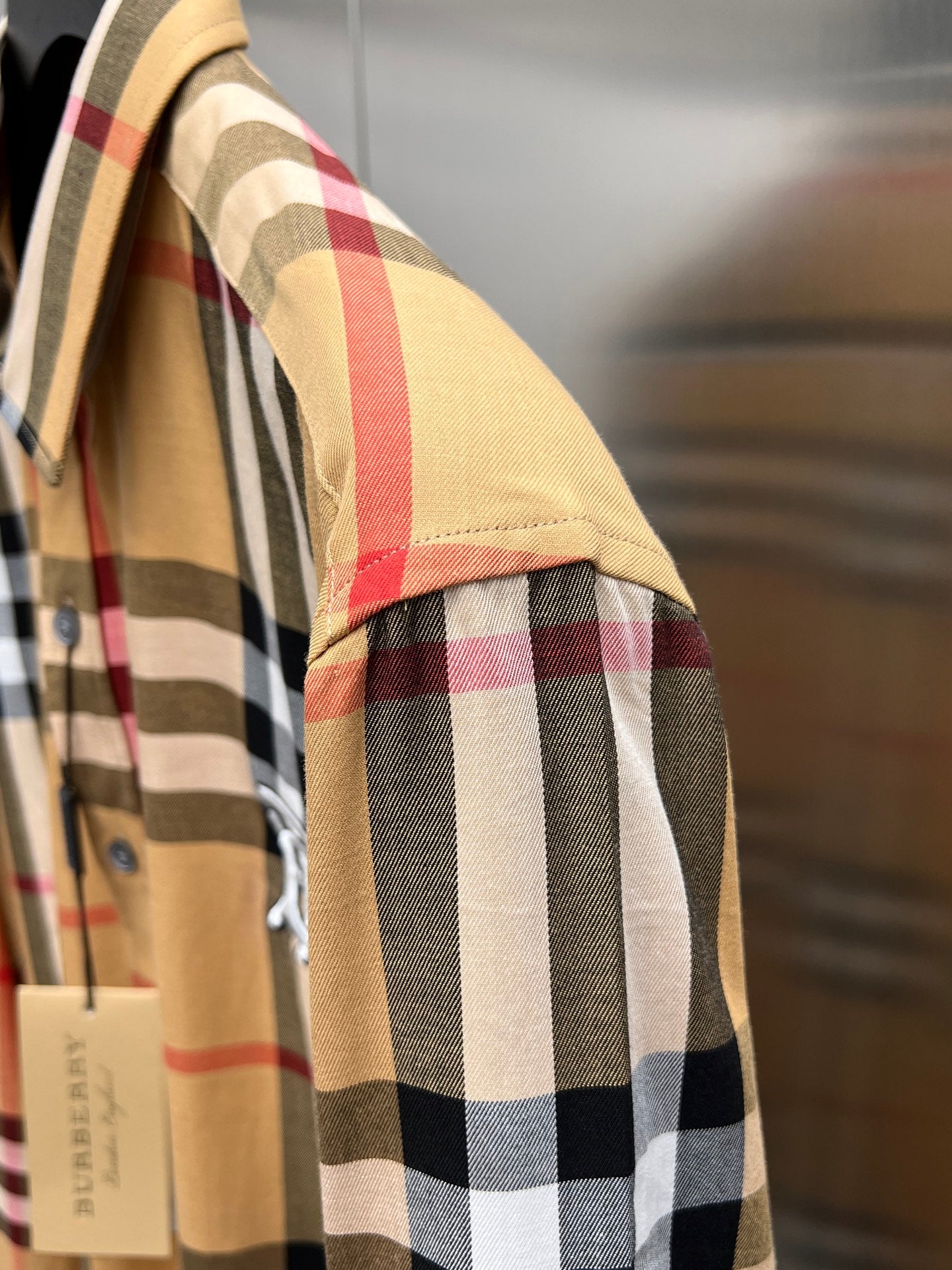 Burberry check long-sleeve shirt sleeve detail with cuff seam and stitching