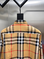 Long-sleeve check shirt back view in tan with red, black, and white plaid