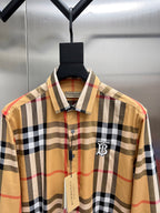 Burberry check long-sleeve shirt front with logo patch and button placket