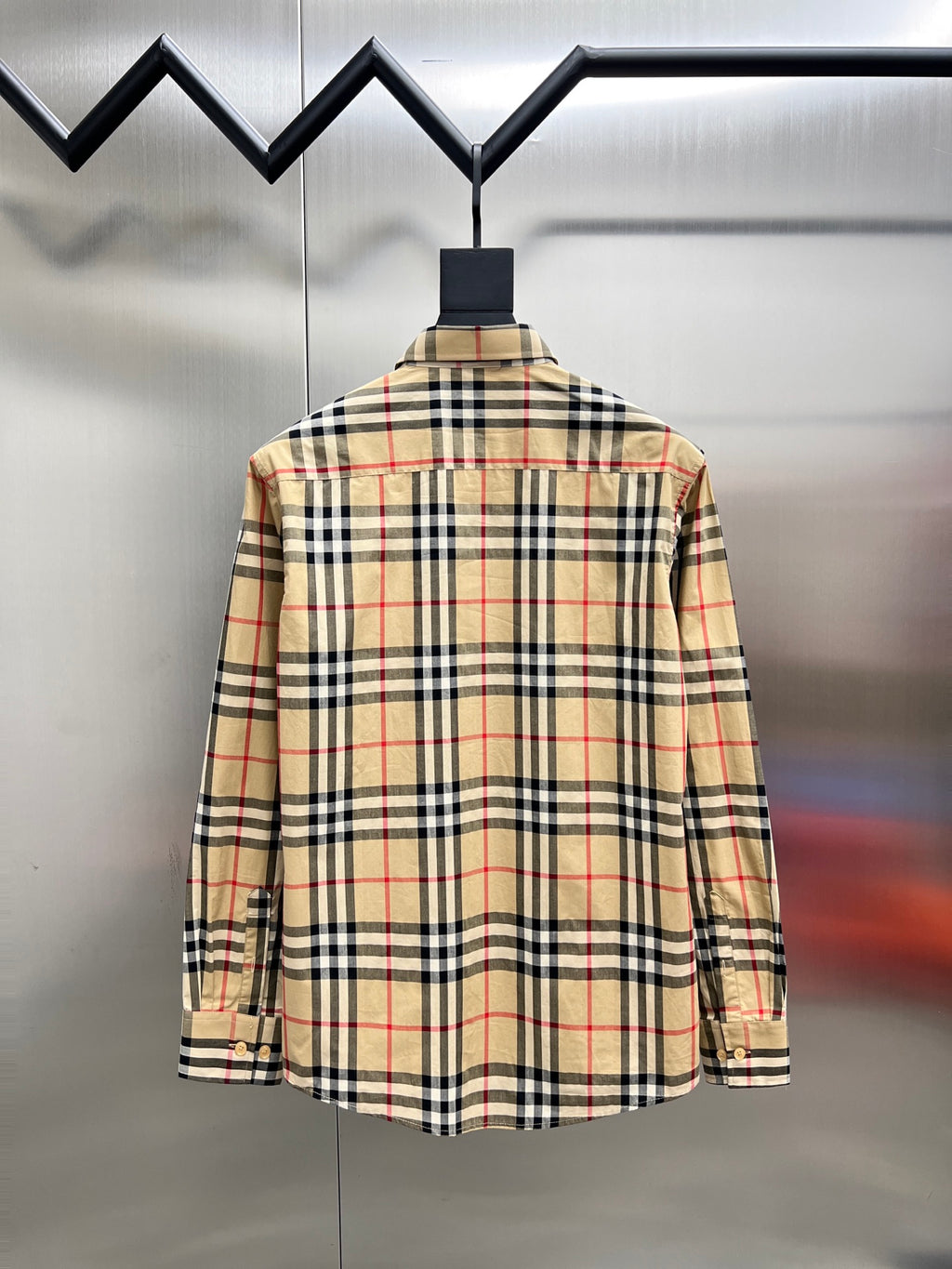 Burberry long-sleeve plaid button-up shirt, back view, tan and black with red lines