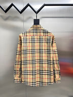 Burberry long-sleeve plaid button-up shirt, back view, tan and black with red lines