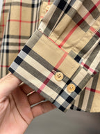 Plaid long-sleeve shirt cuff with two buttons, beige, navy, and red check