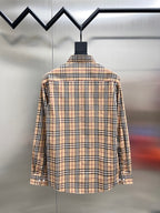 Plaid long-sleeve button-up shirt shown from the back on a hanger