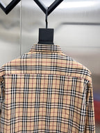 Beige plaid long-sleeve shirt with buttoned back yoke