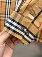 Burberry plaid long-sleeve shirt cuff with button placket, beige, black and white plaid