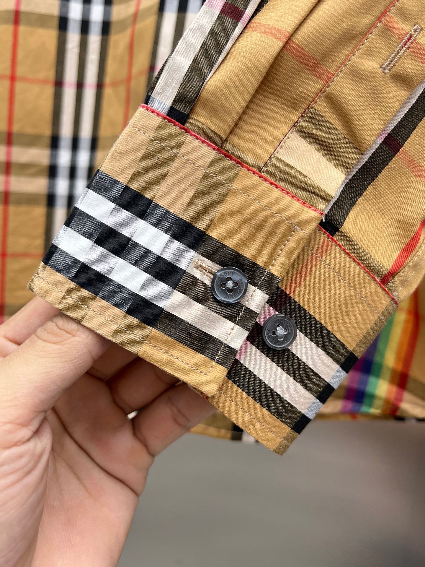 Burberry plaid long-sleeve shirt cuff with button placket, beige, black and white plaid