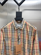 Plaid button-up shirt with pointed collar, long sleeves, front buttons, Burberry tag