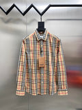 Plaid button-up shirt with pointed collar, long sleeves, front buttons, tan/black/red check