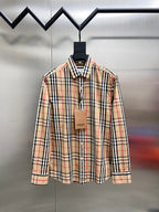 Plaid button-up shirt with pointed collar, long sleeves, front buttons, tan/black/red check