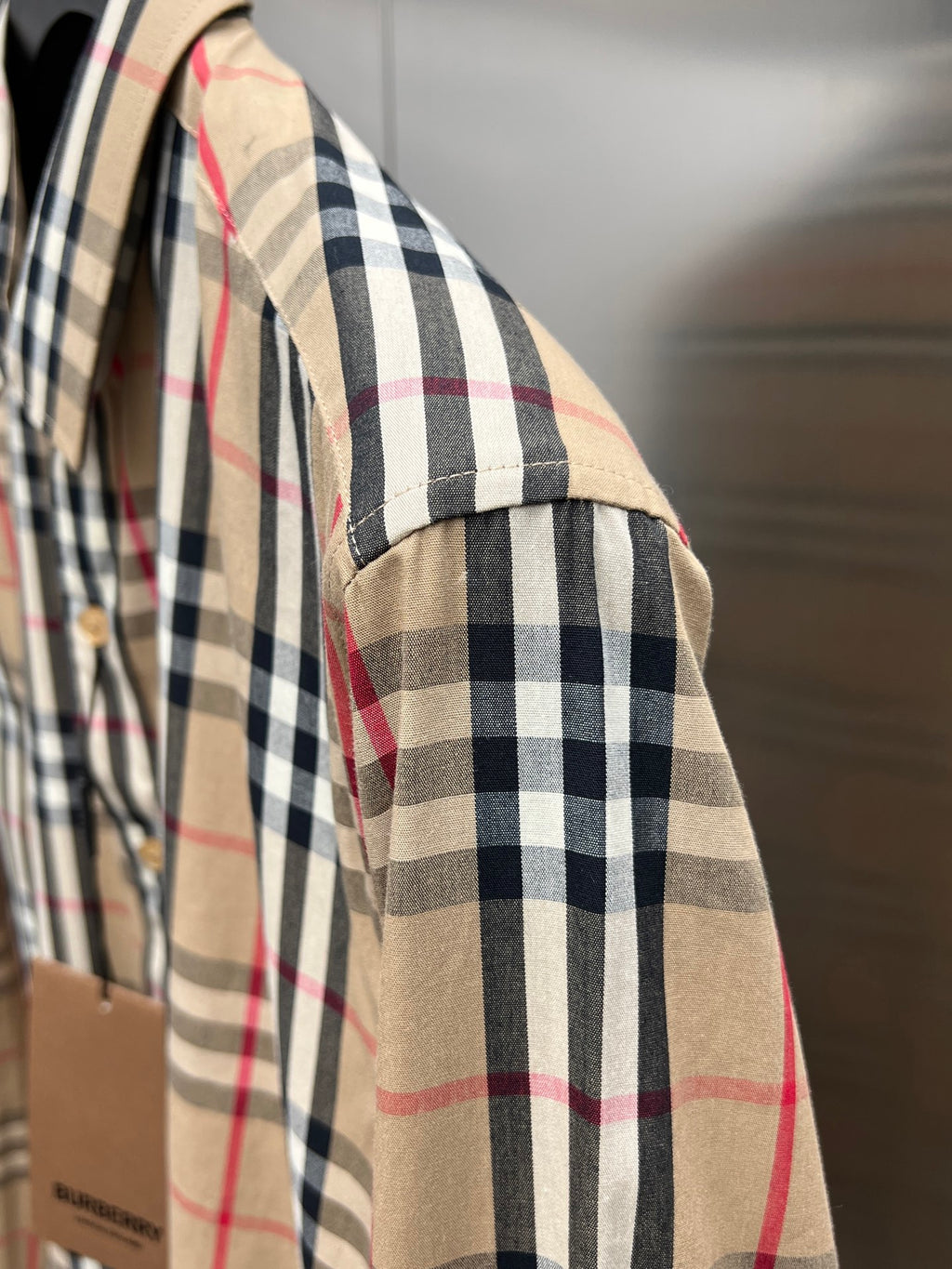 Plaid long-sleeve shirt sleeve with cuff, tan base with black/red/white check
