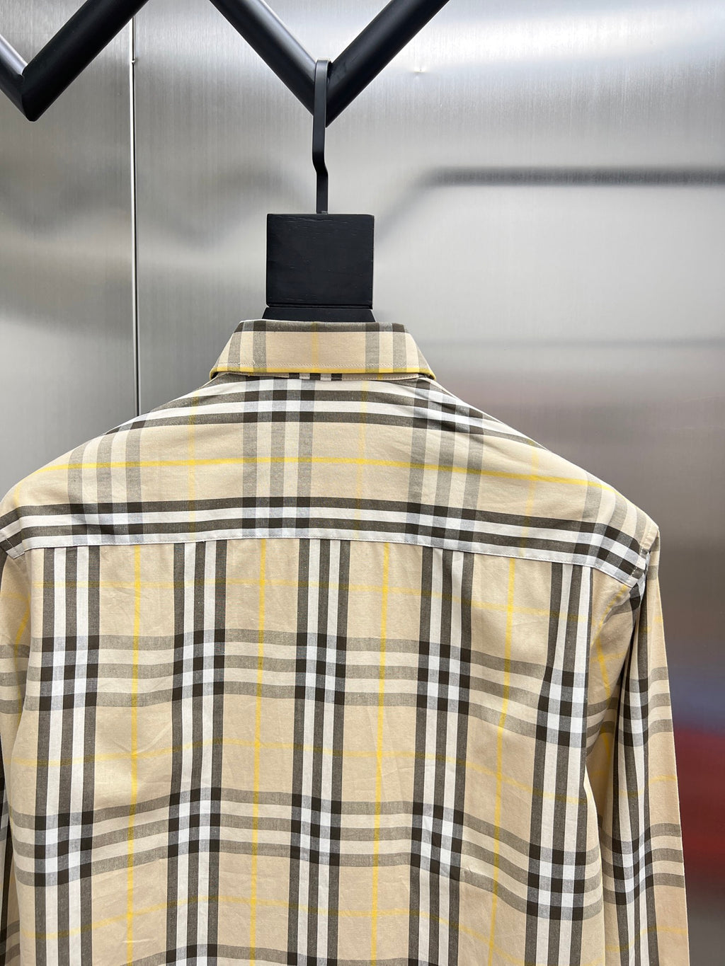Burberry plaid long-sleeve shirt, back view with yoke and collar